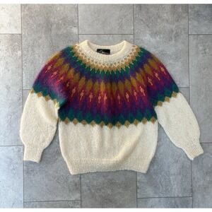 Lillunn Hand Knits of Norway Sweater L/XL Nordic Fair Isle Mohair Look Vintage